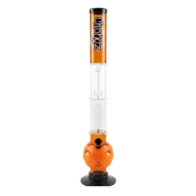 Bong de vidro com base e tampa laranja e corpo transparente