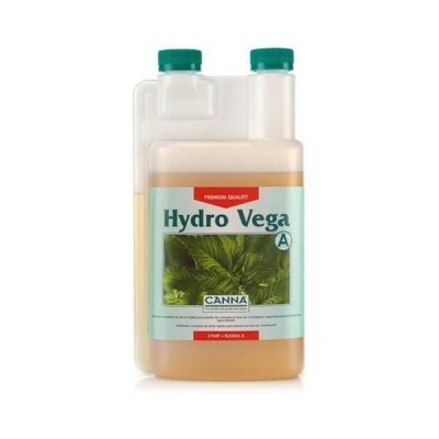 Frasco plástico com líquido Hydro Vega A da CANNA com rótulo azul e tampa verde