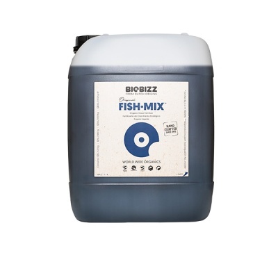 Recipiente de fertilizante líquido Fish-Mix Biobizz com rótulo branco e símbolo azul
