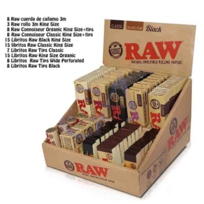 Expositor com várias embalagens RAW de papel para enrolar e acessórios