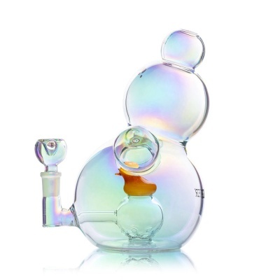 Bong de vidro transparente iridescente com detalhes amarelos