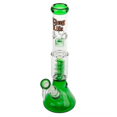 Bong de vidro verde e transparente com texto Thug Life