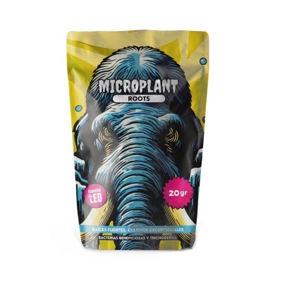 Embalagem com ilustração de mamute e texto MICROPLANT ROOTS 20gr