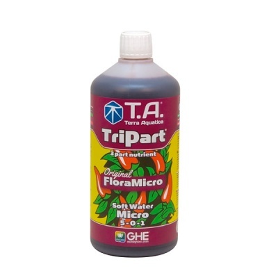 Frasco de fertilizante líquido TriPart FloraMicro com rótulo colorido e tampa branca