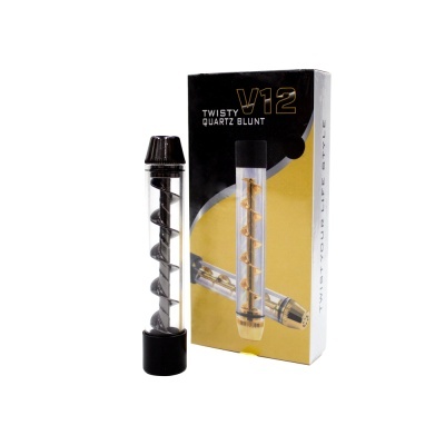 Dispositivo V12 Twisty Quartz Blunt com caixa preta e dourada