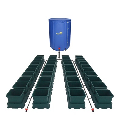 Sistema de cultivo hidropónico com vasos verdes e reservatório azul