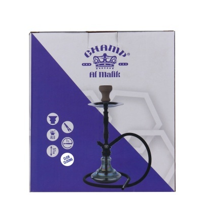 Embalagem de cachimbo de água Champ Al Malik com base de vidro, peça superior preta e mangueira preta