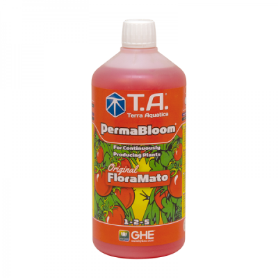 Frasco vermelho de fertilizante PermaBloom com tampa branca e rótulo colorido.