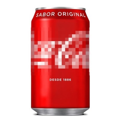 Lata vermelha metálica com texto branco e padrões brancos desfocados