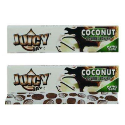 Papel de enrolar sabor coco Juicy Jays com embalagem branca e verde e padrão de cocos no papel