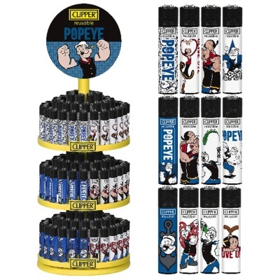 Expositor amarelo com isqueiros Clipper com estampas Popeye em azul e branco.