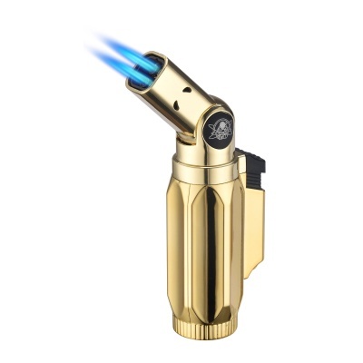 Isqueiro metálico dourado com chama azul e botão preto