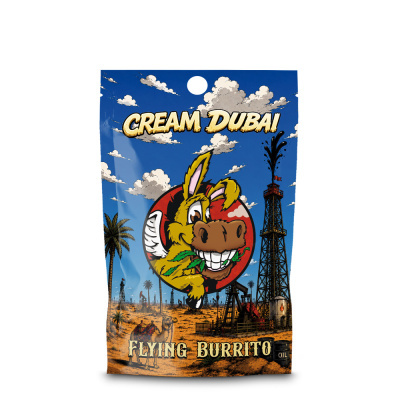 Embalagem azul com desenho de burro, torre de petróleo e texto Cream Dubai e Flying Burrito