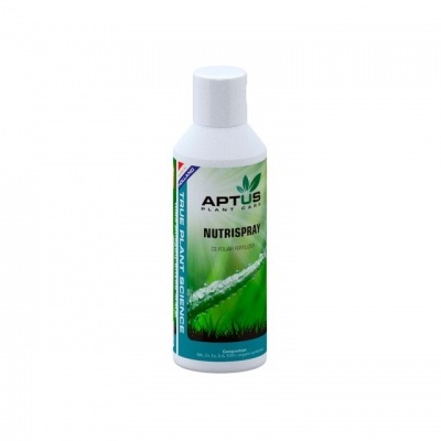 Frasco branco com rótulo verde de produto Nutrispray da Aptus Plantcare
