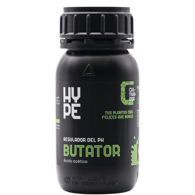 Frasco preto regulador de pH BUTATOR com texto em branco e verde