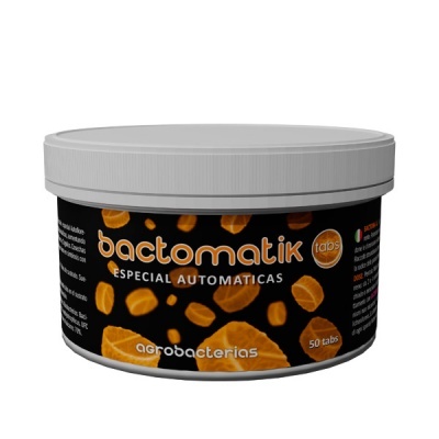 Frasco branco com comprimidos Bactomatik tabs, rótulo preto com bactérias laranja