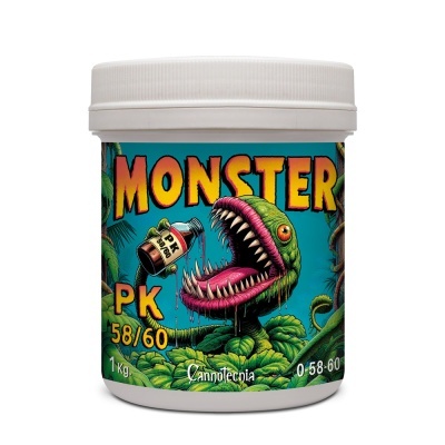 Frasco plástico branco com rótulo ilustrado de planta carnívora e texto MONSTER PK 58/60
