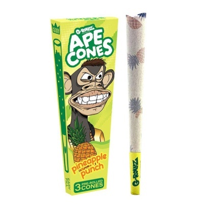 Caixa de cones pré-enrolados com desenho de macaco e cones decorados com abacaxis.
