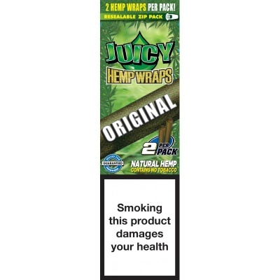 Embalagem verde de Juicy Hemp Wraps Original com textos de descrição e aviso de saúde