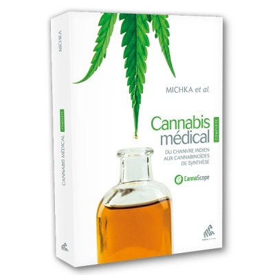 Livro branco sobre cannabis medical com folha de cannabis e frasco de vidro com líquido âmbar na capa