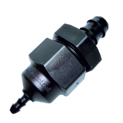 Conector preto de plástico com espigões para mangueira e corpo hexagonal