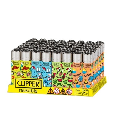Isqueiros Clipper reutilizáveis coloridos em expositor amarelo
