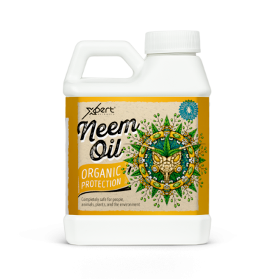 Frasco plástico branco com rótulo amarelo contendo óleo de neem orgânico.