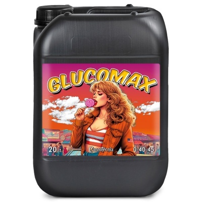 Recipiente preto etiquetado GLUCOMAX com imagem de mulher loira a chupar pirulito