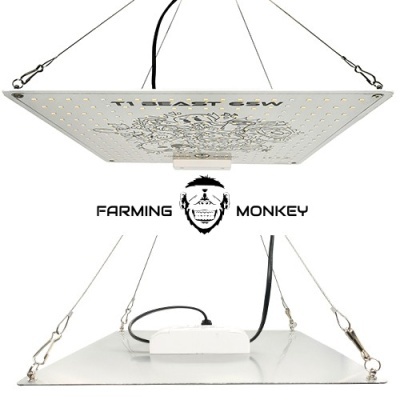 Painel LED cultivo T2 640W branco suspenso com LEDs amarelos e logótipo FARMING MONKEY