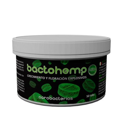 Recipiente com comprimidos Bactohemp tabs em embalagem preta com detalhes verdes