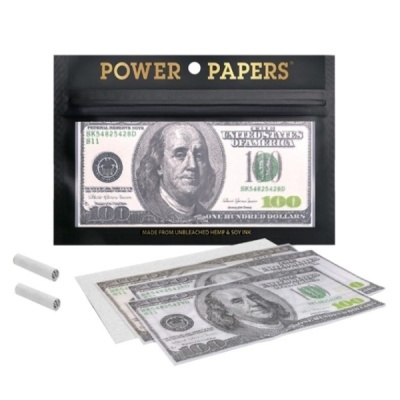 Papel para enrolar Power Papers com estampa de nota de 100 dólares e embalagem preta.