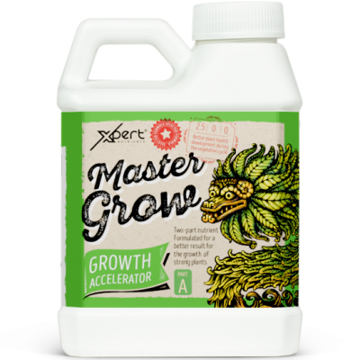 Frasco branco com rótulo Master Grow e ilustração de dragão verde