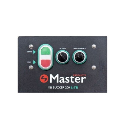 Painel de controlo preto com botões e mostradores rotativos, texto Master PRODUCTS MB BUCKER 200 LITE