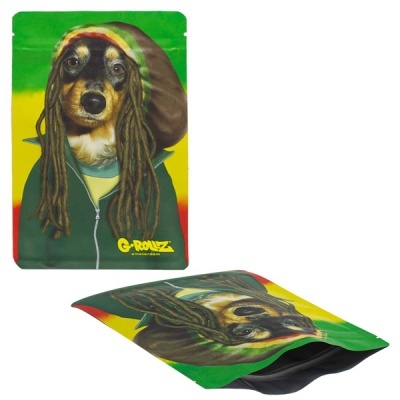 Embalagens reutilizáveis coloridas com cão de gorro rastafari e texto G-ROLLZ amsterdam