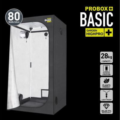 Tenda de cultivo PROBOX BASIC GARDEN HIGHPRO preta e branca com etiquetas e ícones informativos