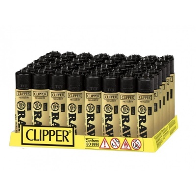 Pack de isqueiros Clipper RAW reutilizáveis castanho claro e preto em suporte amarelo