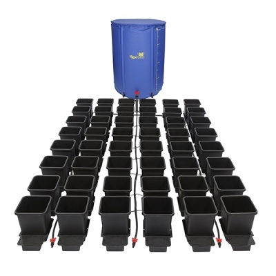 Sistema de irrigação com reservatório azul Flexi-tank e 48 vasos quadrados pretos