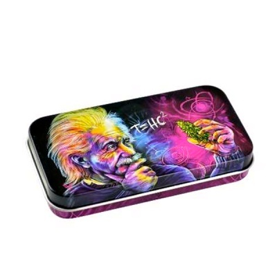 Estojo metálico com ilustração colorida de Albert Einstein e fórmula E=HC²