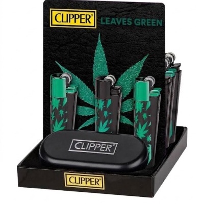 Isqueiros CLIPPER com padrão de folhas verdes em estojo preto