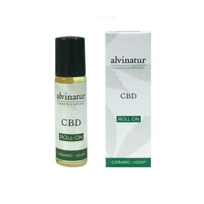 Roll-on Alvinatur CBD cosmética natural em frasco com tampa preta e embalagem branca com texto