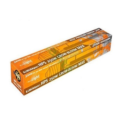Embalagem laranja para lâmpada HPS 250W Grow-Bloom Max com texto e ilustração