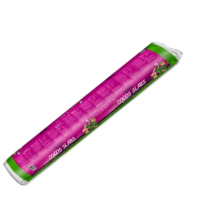 Rolo de tapete ou manta com embalagem rosa e verde e texto COCOS SLABS