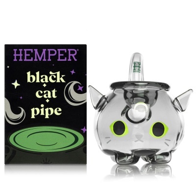 Cachimbo de vidro em forma de gato cinza com embalagem preta HEMPER black cat pipe