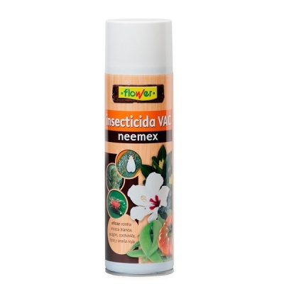 Frasco de insecticida Flower VAC neemex com tampa branca e rótulo ilustrado