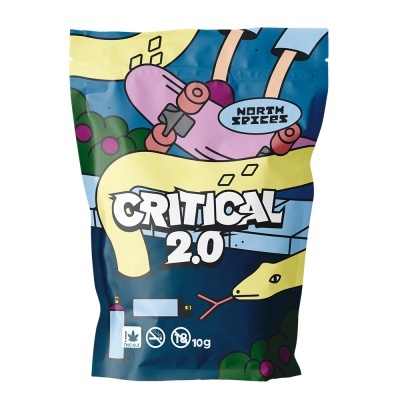 Embalagem de plástico colorida Critical 2.0 com ilustração de serpente e skater