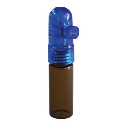 Frasco pequeno de vidro castanho com tampa azul translúcida