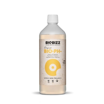 Garrafa branca com etiqueta de BIOBIZZ Original BIO PH- regulador de pH orgânico