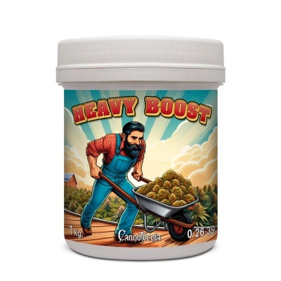 Recipiente produto Heavy Boost com ilustração de homem e carrinho de mão