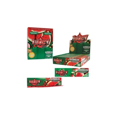 Pacotes de papéis para enrolar Juicy Jay's sabor Watermelon com caixa de exposição verde e vermelho.