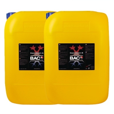 Dois bidões amarelos com tampa azul e rótulos pretos de produtos Coco Bloom A e B da BAC